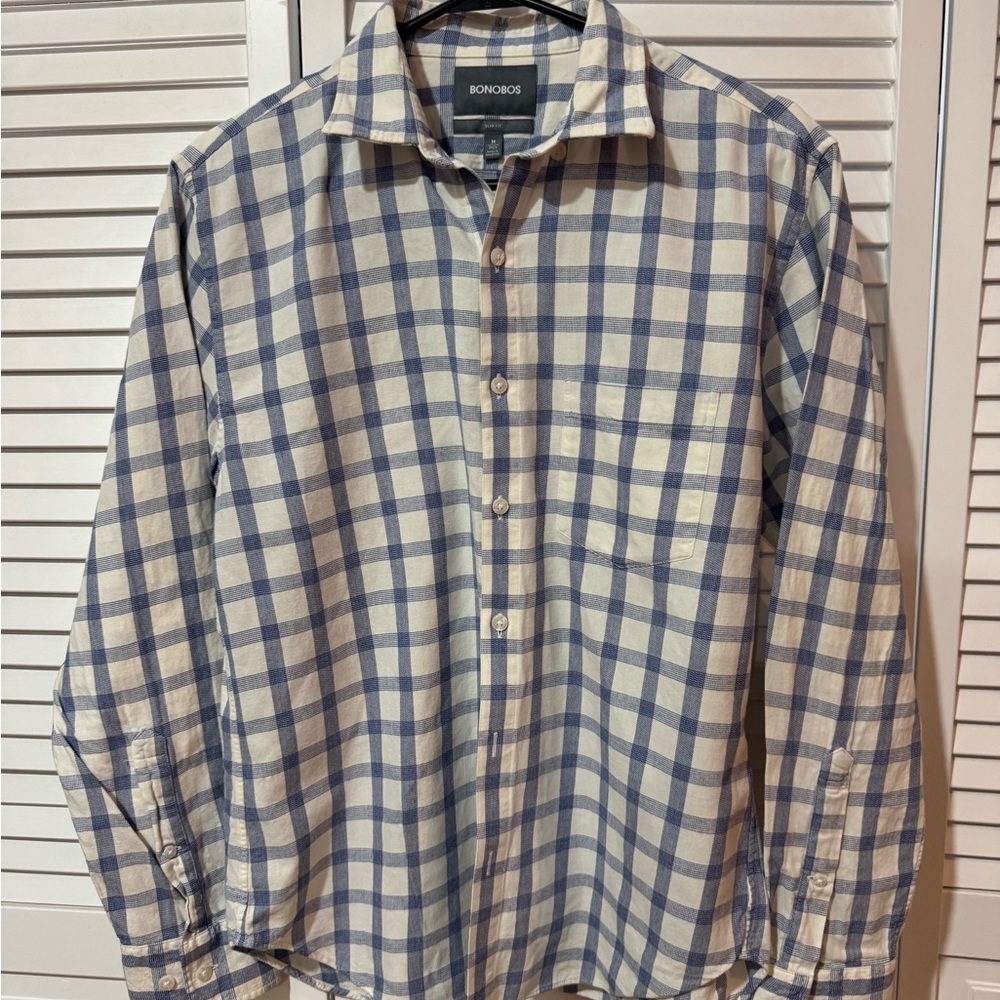 Bonobos Cream and Blue Plaid Long-Sleeve Dress Shirt